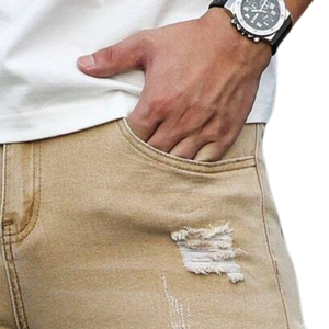 <b>Mens</b> Khaki Solid Mid Rise Ripped Pencil Pants Distressed <b>Stretch</b> Denim Breathable Quick Dry Slim Fit Casual Enzyme Wash - Product Image 3