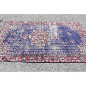 พรมวินเทจตุรกี ขนาด 4.6x7.9 ฟุต พรมลายทางสีน้ำเงินทำจากขนสัตว์ - Product Image 3