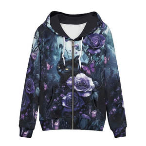 เสื้อฮู้ดซิปผู้หญิงลายแมวดำและดอกกุหลาบสีม่วง สำหรับฤดูหนาว คุณภาพพรีเมียม โลโก้ด้านหน้า ผ้าเทอร์รี่นุ่มพิเศษ - Product Image 1