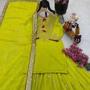 Heavy Wedding Wear Faux Georgette Coding Sequence Bordado Work Top y Palazzo con Dupatta Designer Última colección - Product Image 1