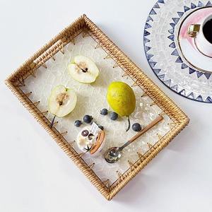 Wholesale Vietnam Natural Set Rectangle Handwoven Mother Pearl Inlay Rattan Serving Tray Decorative Tea tray <b>Cocktail</b> <b>table</b> tray - Product Image 5