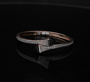 14K <b>Rose</b> <b>Gold</b> Natural Diamond <b>Bangle</b> Bracelet with Overlapping Geometric Tips in Micro-Pave Setting Modern Luxury Jewelry - Product Image 1