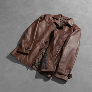 เสื้อโค้ทหนังแท้สีน้ำตาลสำหรับผู้ชาย สไตล์คลาสสิก ติดกระดุม ปกเสื้อเชิ้ต ทรงยาว ลุควินเทจ ทันสมัย - Product Image 5