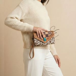 Trending Checkered Design Clutch with Detachable <b>Wristlet</b> Hair On Genuine Leather Wallet Handcrafted Embossed Leather Purse - Product Image 2