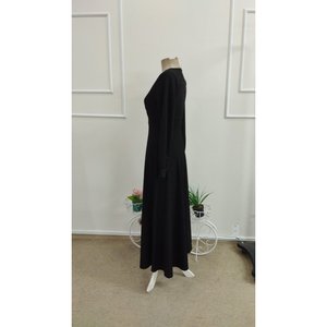 Women's Long-Sleeved Wrap-Neck Pleated Waist <b>Corset</b> Detail Long Shimmering Crepe Dress, 37323 - <b>Black</b> - Product Image 5