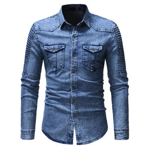 Camisa Vaquera Azul Clásica Informal para Hombre, Ligera y Transpirable, de Tela de Poliéster/Algodón con Efecto Deslavado y Desteñido - Product Image 1
