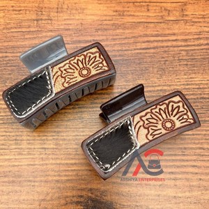 Pinzas para el pelo occidentales personalizadas, cuero labrado grabado, Floral vaquera, dulce diseño fresco, regalo Rectangular de gran tamaño para mujer - Product Image 1