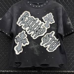 T-shirts d'été épais pour hommes en coton personnalisés, délavés à l'acide, brodés et ornés de strass, vêtements décontractés - Product Image 3