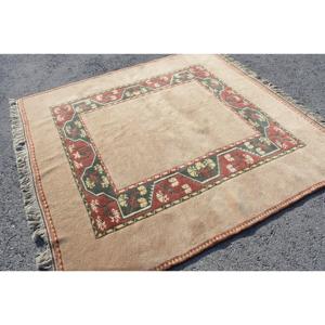 Vintage Turkish Rug 6.4x6.6 ft (196x201 cm), <b>Brown</b> Polka dot <b>Wool</b> Rug - Product Image 1