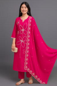 Indian Ethnic Reyon Slub Suit Set With Fine Embroidered Work <b>Three</b> <b>Piece</b> <b>Suite</b> For Women Every Season Wholesale - Product Image 4