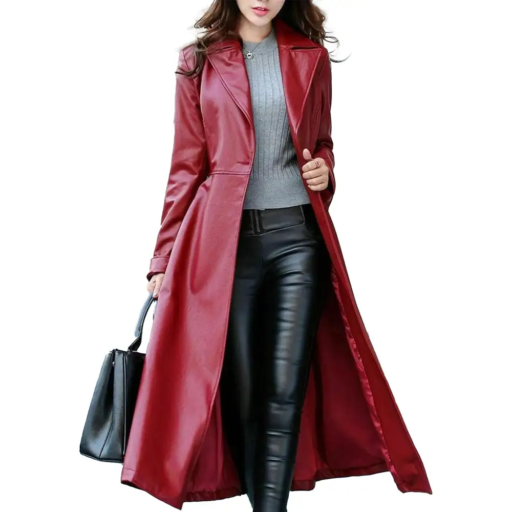 Frauen roter Leder Trenchcoat ein Knopf verschluss langer Mantel einreihiger Ledermantel stilvoller Promi langer Mantel