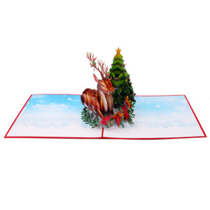 Superventas lindo 3D Pop-up Feliz árbol de Navidad y Reno tarjeta de felicitación impresión Offset papel artesanía recuerdo - Product Image 4