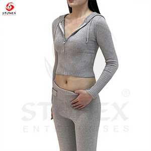 Ladies Cropped Two Piece Custom Logo Women Cotton Tracksuits Sweatpants Jogging Wear Zip Up Hoodie Joggers Set - Product Image 6