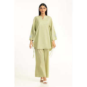 Conjunto de Dos Piezas con Bordado Ondulado Verde Claro, Tela Crepé Informal, Sin Cuello, con Mangas Tres Cuartos para Primavera/Verano - Product Image 2