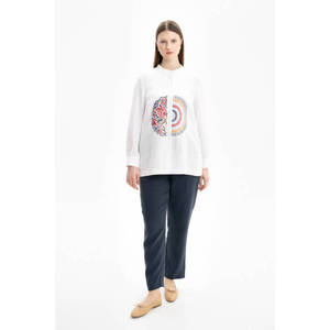 Vintage White Embroidered <b>Linen</b> Crop Blouse Casual Floral Stand Collar <b>Top</b> - Product Image 1