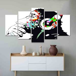 Arte en lienzo: Impresión de Banksy Monkey Graffiti Gorilla con auriculares, lienzo enrollado 5Pmix - Product Image 1