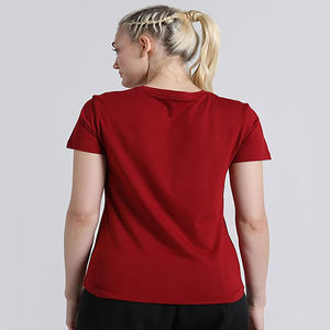 Camiseta de verano informal con cuello en R para mujer, color rojo sólido con patrón estampado y decoración de borlas de longitud regular suelta - Product Image 2