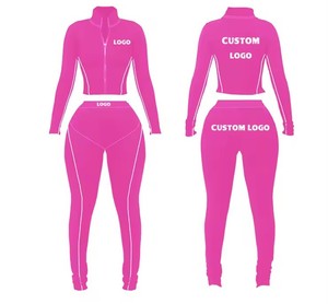 OEM personalizado de las mujeres Zip Up Rib Knit Lounge Wear chándales chaqueta de manga larga Leggings joggger yoga casual 2 Conjunto de dos piezas - Product Image 1