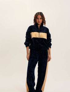 Survêtement en velours bleu marine pour femme, manches longues, color block, sweat-shirt décontracté avec poches latérales, coupe ample, vêtements d'hiver - Product Image 1