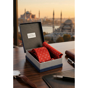 <b>Red</b> White Crescent Star Turkish Flag Tie Pocket Square <b>Cufflink</b> Set in a Gift Box Made of PU Leather for Groom Wear - Product Image 1
