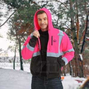 แจ็กเก็ตสะท้อนแสงสะท้อนแสงเรืองแสงเพื่อความปลอดภัยในงานก่อสร้างฤดูหนาวชุดสีชมพูสะท้อนแสงจากโรงงานสีดำ - Product Image 1