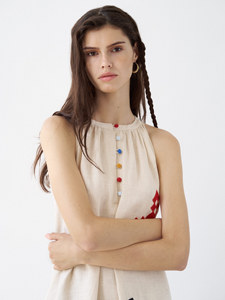 Robe courte brodée sans manches, longueur genou, mode de créateur, vêtements d'occasion, boutons - Product Image 2