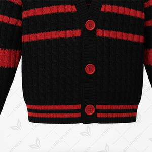 Cardigan en tricot rayé noir et rouge pour femme, manches longues, décontracté, style sororité, fermeture boutonnée, 100% acrylique - Product Image 4
