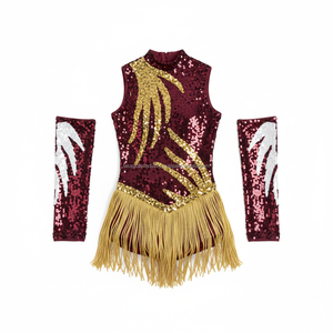Costume de danse de luxe scintillant bordeaux avec accents de paillettes dorées, tenue de performance avec gants à paillettes assortis pour spectacle sur scène - Product Image 4
