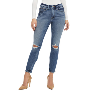 กางเกงยีนส์ทรงสกินนี่สีดำเอวสูงสำหรับผู้หญิง แบรนด์ Good American รุ่น Destroyed Stovepipe ผ้าเดนิมระบายอากาศได้ดี ไซส์ M ทรงบูทคัท ขาเดฟ พร้อมโลโก้ที่เอว - Product Image 4