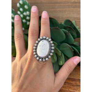 Betta Lee <b>Adjustable</b> <b>Ring</b> White Buffalo & Sterling Silver Bezel Set Rose Gold Plated Oval Cut Diamond Size 8 Gift - Product Image 2