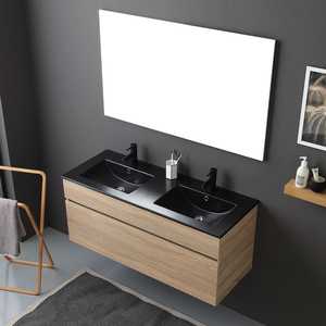 Mobile Bagno Moderno a Parete in Rovere Naturale da 120 cm, Due Pezzi, con Doppio Lavabo Nero Opaco Shanghai - Set Premium - Product Image 3