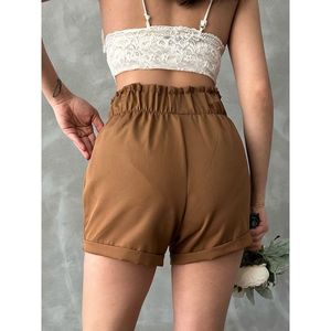 Shorts pour femmes Topshow en cuir marron foncé avec poches à anneaux – Accessoire de mode en gros - Product Image 1