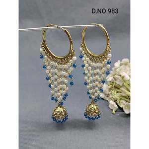 Twini Mehandi Hoop Bali Jhumki <b>Earring</b> Trendy Cute Brass Gold Geometric Tassel Shape Featuring Pearl Wedding Maharashtra - Product Image 3