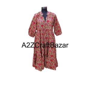 Robe mi-longue artisanale 100% coton pur, motif floral vintage, taille naturelle, écologique, respirante, confortable, pour usage quotidien - Product Image 1