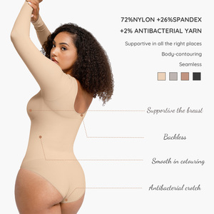 Vêtement de compression sans couture à manches longues en élasthanne écologique, soutien-gorge intégré, taille cintrée, contrôle du ventre, combinaison, body, hauts, vente en gros - Product Image 2