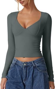 Camisetas de manga larga con cuello en V para mujer, Top corto de doble forro con copa cosida, Tops para salir - Product Image 4