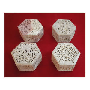Hexagonal Shape Pure Soapstone Made Leaf and Floral Art Carving Deign <b>Sweet</b> <b>Gifts</b> Boxes and Beautiful Design Look for Giveaways - Product Image 1