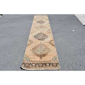 Tapis en laine turque beige vintage 27x124ft motif patchwork tissage plat pour décorations de salon ou de couloir - Product Image 1