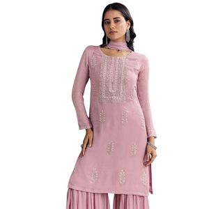 Light Onion Pink Chinon Kurta Sharara Set con Dupatta adornado Trendy Womens Ethnic Festival Party Wear Suit - Product Image 4