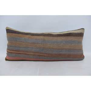 Alfombra de lana Kilim Beige a rayas sutiles, almohada de 16x36 pulgadas, patrón Vintage tejido a mano - Product Image 1