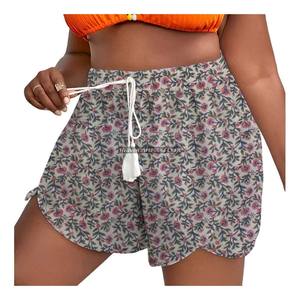 Shorts pour femmes style taille haute 100% coton avec cordon de serrage à la taille, imprimé floral - Product Image 1