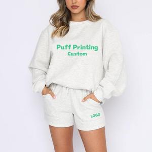 Ensemble de sport pour femme personnalisé en 2 pièces, sweat-shirts à col rond respirants et shorts mi-longs pour la course à pied estivale, fitness, 100% coton - Product Image 1