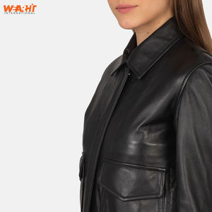 Col classique fermeture éclair avant veste d'hiver pour femmes en cuir noir véritable coupe ajustée personnalisé OEM vêtements d'extérieur manteau poches mode solide - Product Image 2