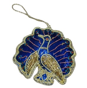 <b>Peacock</b> Zari Sari Hanging <b>Ornament</b> | Beaded Embroidery with Silk Fabric Thread | Ethnic Wall & Door Decoration for Events - Product Image 3