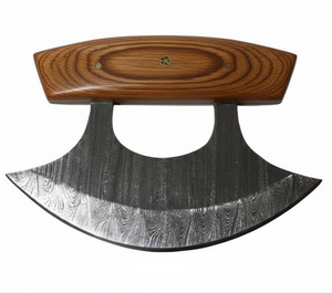 Cuchillo Ulu Artesanal de Madera Exótica con Hoja de Damasco Multivibrante y Funda de Cuero - Product Image 3