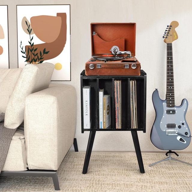 Acacia Wood Eco-Friendly Wall-Mounted Record Player Stand with Vinyl Roll Holder Storage Shelves & Racks