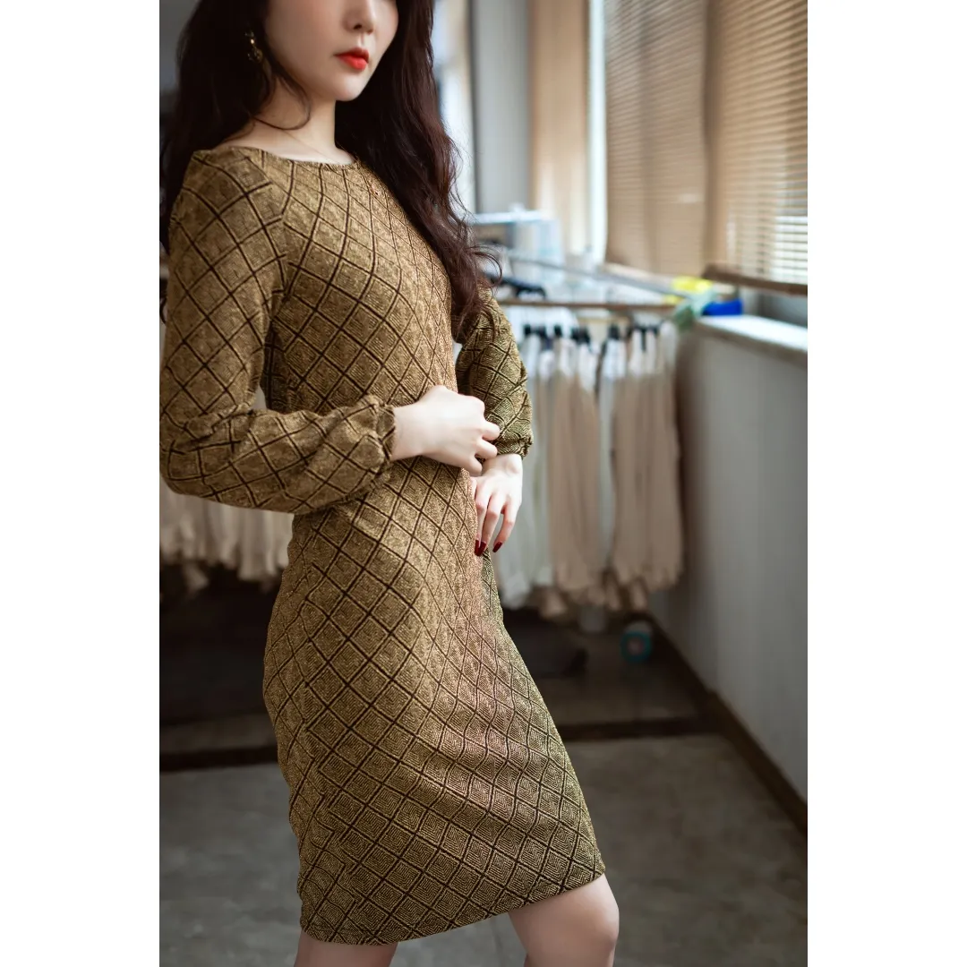 Amazon Hot Sale 2022 New Gold Silk Sexy Bodysuit Prom Party Long Sleeve Knee Length Dress