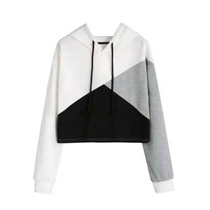 เสื้อครอปมีฮู้ดของผู้หญิงเสื้อครอปแบบสวมหัวเสื้อมีฮู้ดของผู้หญิง100% คอตตอนฤดูหนาวสีบล็อกที่แตกต่างกัน - Product Image 1