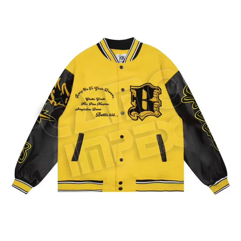 Korean Black Yellow Varsity Jacket For Men High Quality Blank Custom Crop Varsity Baseball Jacket With Collar For Mens & Womens