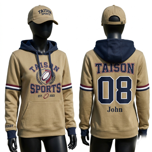 Sudadera con capucha de rugby de felpa de algodón y poliéster premium de 320 GSM, beige y azul marino con paneles en contraste, apliques bordados y logotipo personalizado. - Product Image 1